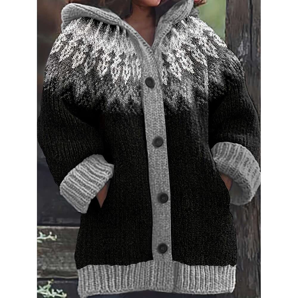 Plus Size, Soft Thick Jacquard Snow Mountain Glacier Gradient Tie-Dye Hooded Cardigan Elegant Fashion Comfortable Casual Vintage Sweater Oversized Jac