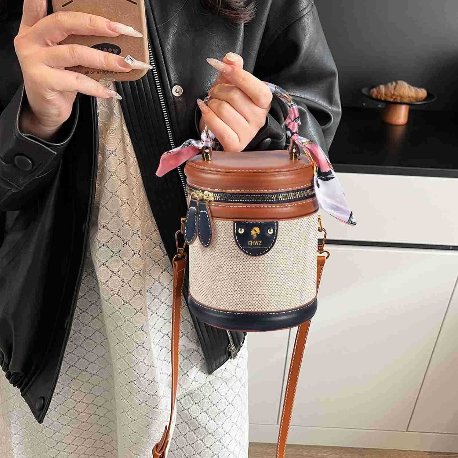 2025 Bucket Bag for WomenRetro Crossbody Bags for Women Female PU Leather Color Contrast Cylinder Z251017