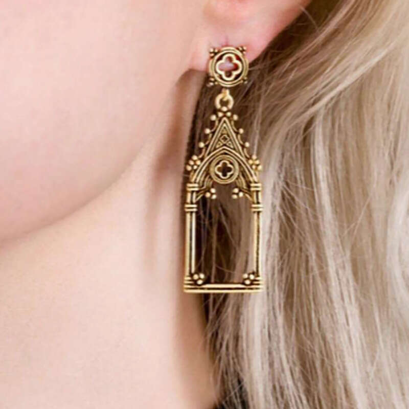 Vintage Gothic Cathedral - Shaped Dangle Earrings - Silver - Tone Architectural Ear Jewelry Wind Hollow Castle Personality Creative Exaggerated Cross 