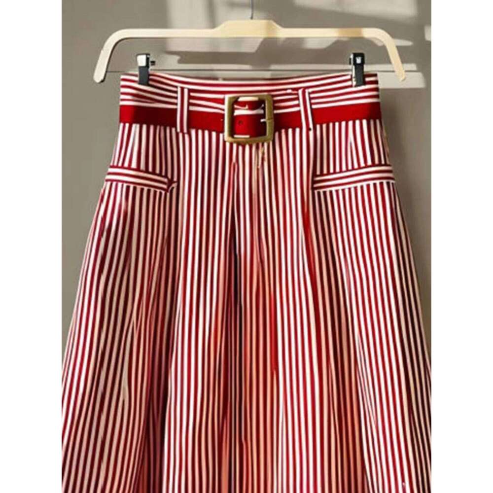 French Elegance Red Striped Design Chic High-waist Big Swing Mid-length Skirt Women Spring Autumn Basics A-line Skirts