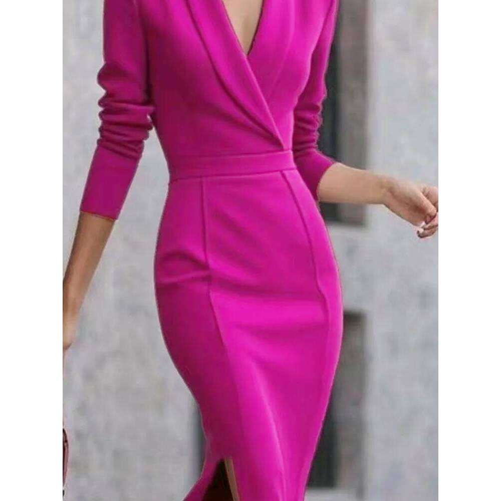 2025 Autumn Women V Neck Split Party Simple Solid Color High Waist Commuter Long Dress
