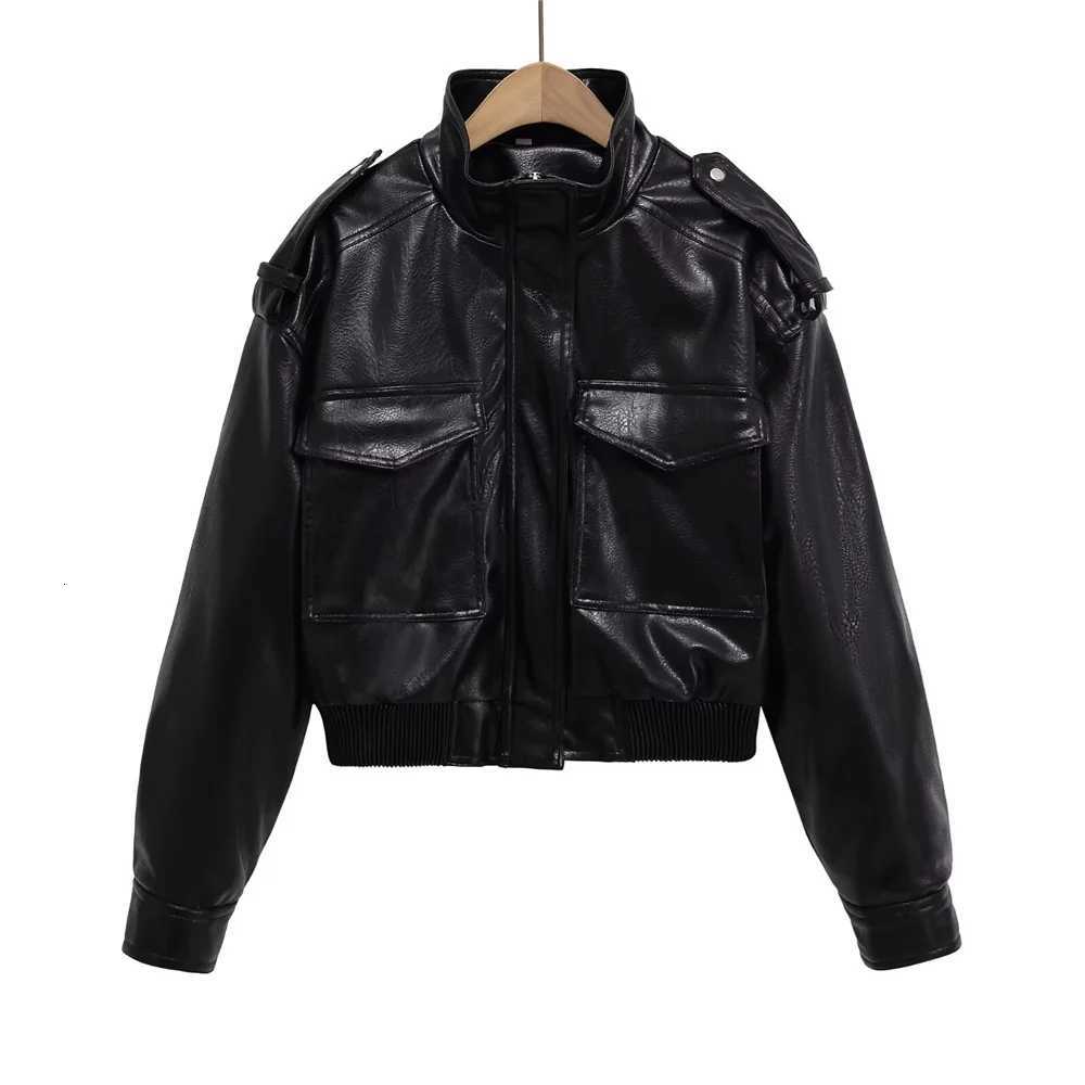 New Womens Fashion Versatile Bright Face Imitation Leather Stand up Collar Long Sleeve Short CoatT251017