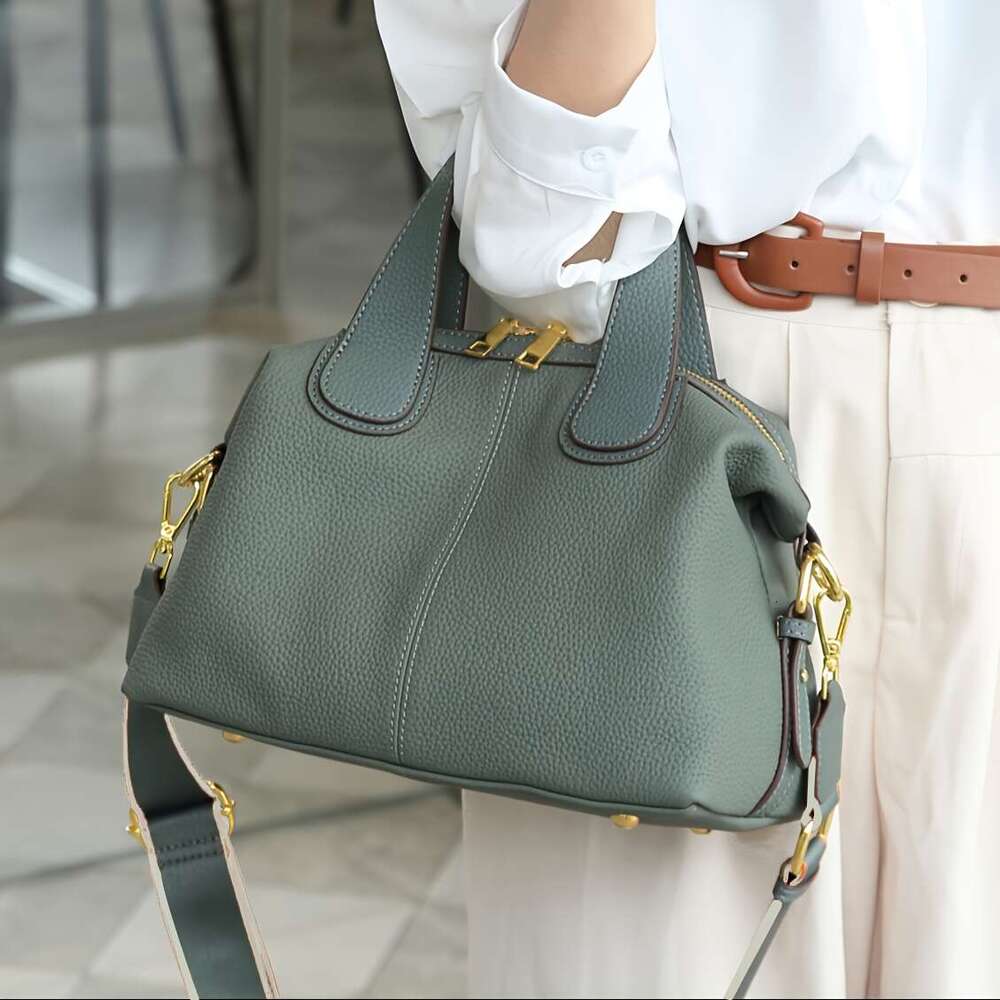 Wo's Genuine Leather - French Cow Full Grain/Black With Gold Hardware, Korean Style Elegant Shoulder Bag, Wrist Strap Zipper Closure, Suitable Fo