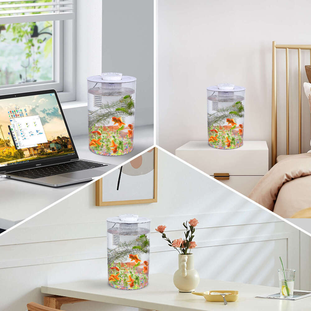 Acrylic Fish Tank with Night Light, 3 Gallon Fish Tank with Filter and Light, Self Cleaning Desktop Aquarium Starter Kit & LED Lamp, 360 View for Smal