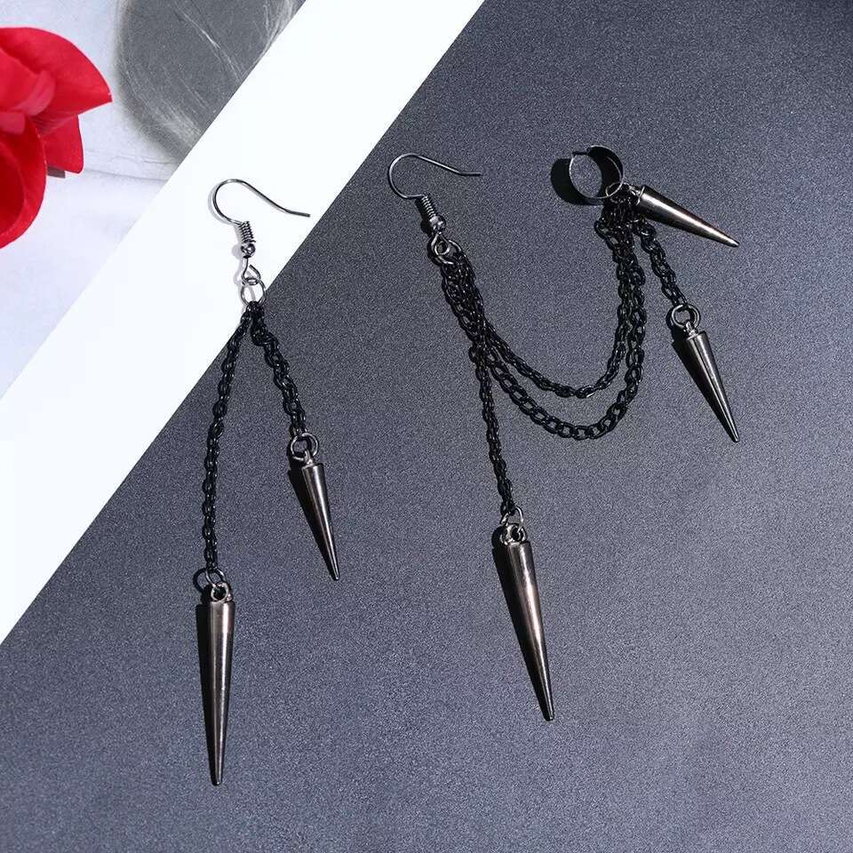 Long and Short Rivet Earrings Ear Clips Heart-shaped Gothic Punk Tassel Personality Trend