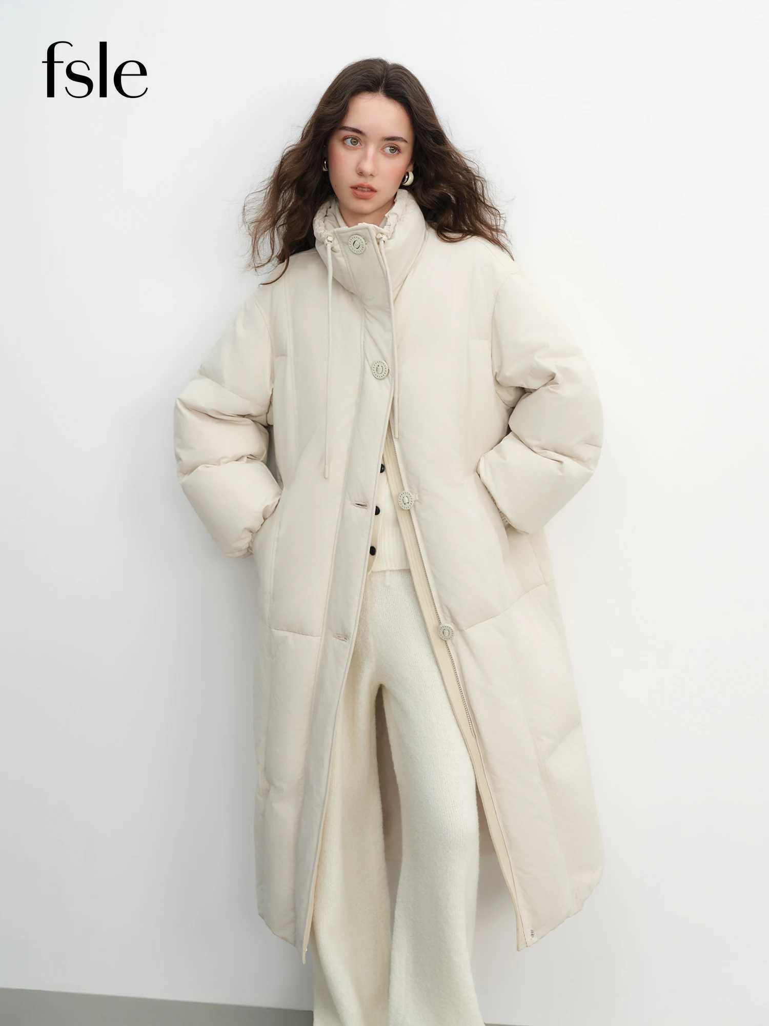 FSLE Winter Women MidLength Puffer Downcoat with Stand Collar Korean Style Slouchy Down Jacket Loose Fit Warm Soft Outerwear W251016