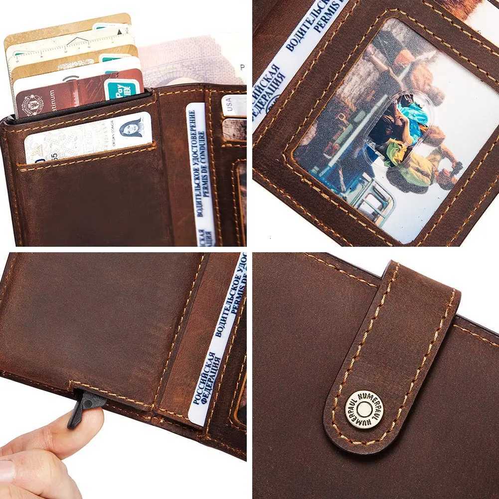 HUMERPAUL Crazy Horse Leather Mens Wallet with RFID Blocking Card Holder Mini Metal Pop Up Wallets Zipper Coin Pocket for MaleW251017