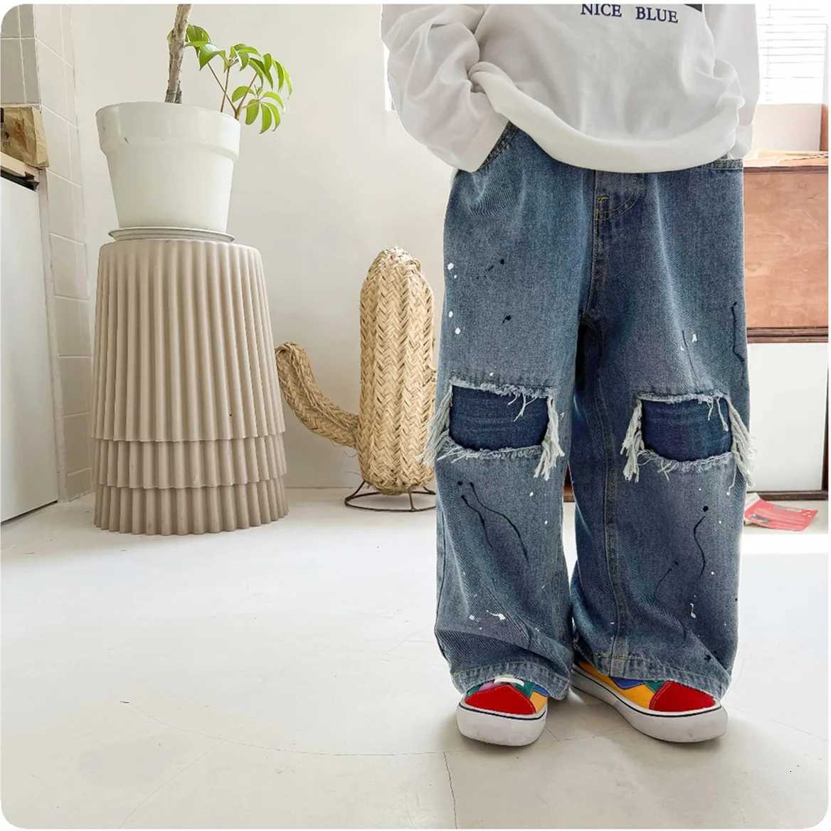 2025 New Spring Kids Pants Ripped Jeans Fashion Korean Simple Style Baggy Wide Leg CowboyT251017