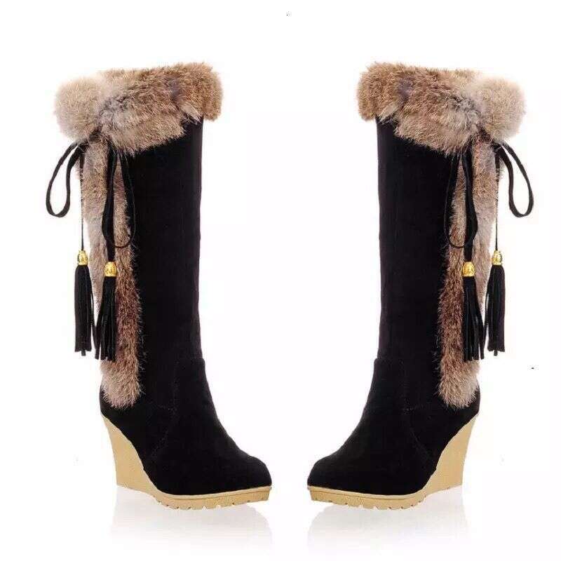 Women's 2025 New Style Winter Warm Furry Faux Fur-Like PU Cover Knee-High With Wedge Heel Slip-Resistant MD Sole, Plush Lining, Plus-Size Snow Bo