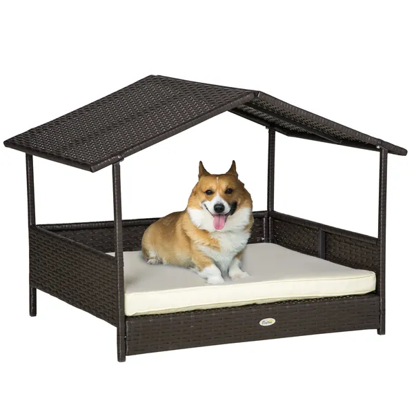 PawHut Wicker Dog Bed Outdoor Elevated with Rattan Canopy Cushioned PE Rattan Dog Cat House Sleeping Pad Cream