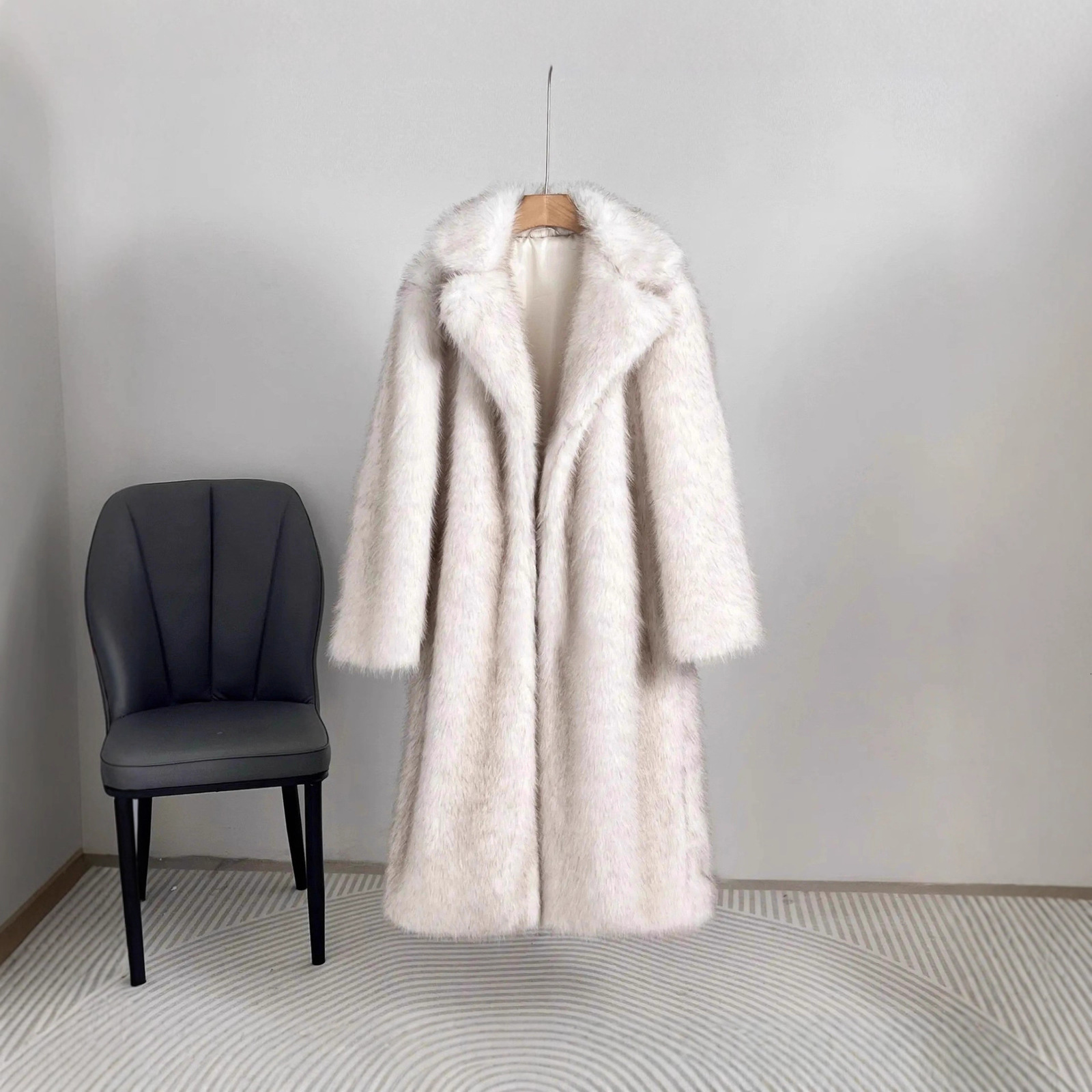 Autumn Winter Womens Long Faux Fur Coat with Suit Collar Faux Fur Coat Faux Fur Jacket