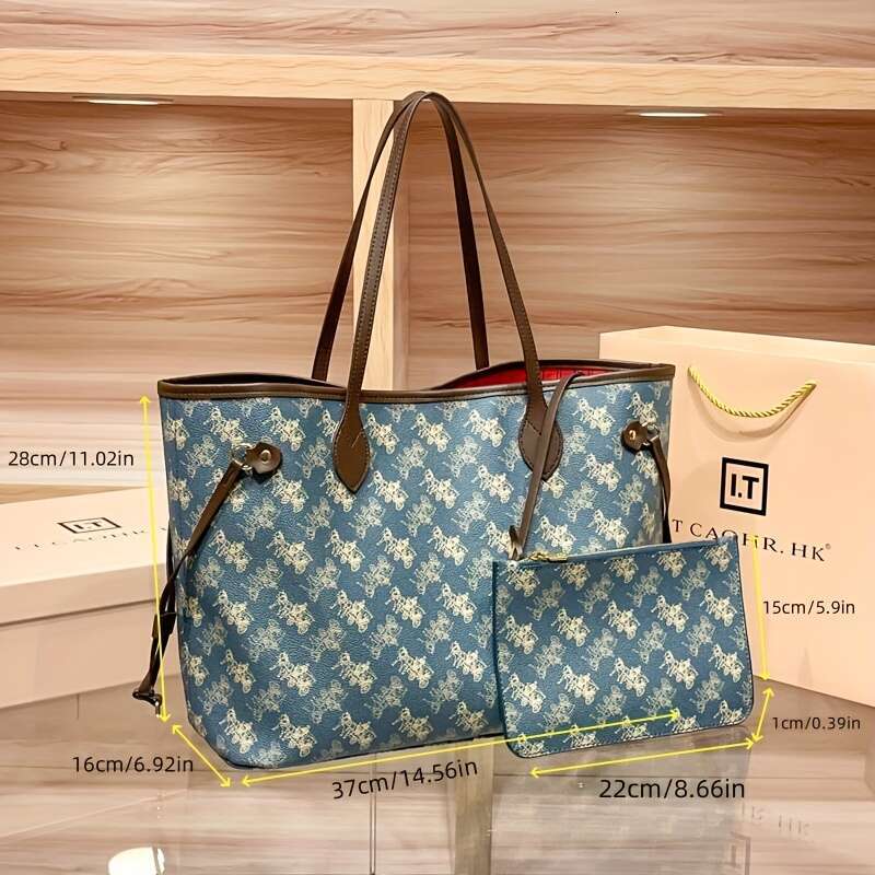 Elegant Blue Handbag, Red Interior, Large Capacity, Gold Hardware, Detachable Shoulder Strap - Suitable For Daily And Commuting, Travel Floral Print H