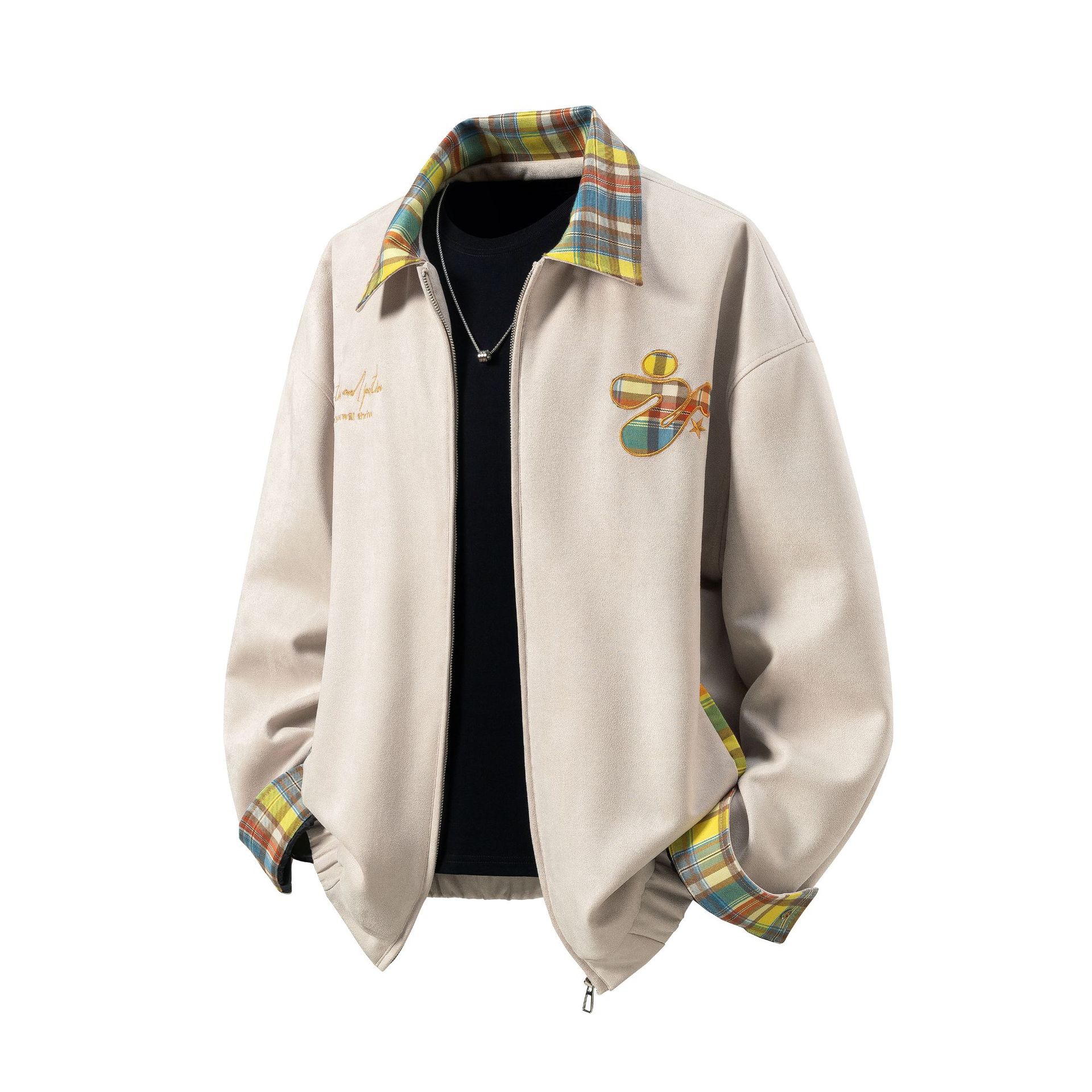 Men's Jackets Suede Embroidered Jacket Autumn Fashionable Trendy Luxurious Design Brand Contrasting Colour Plaid Lapel Coat