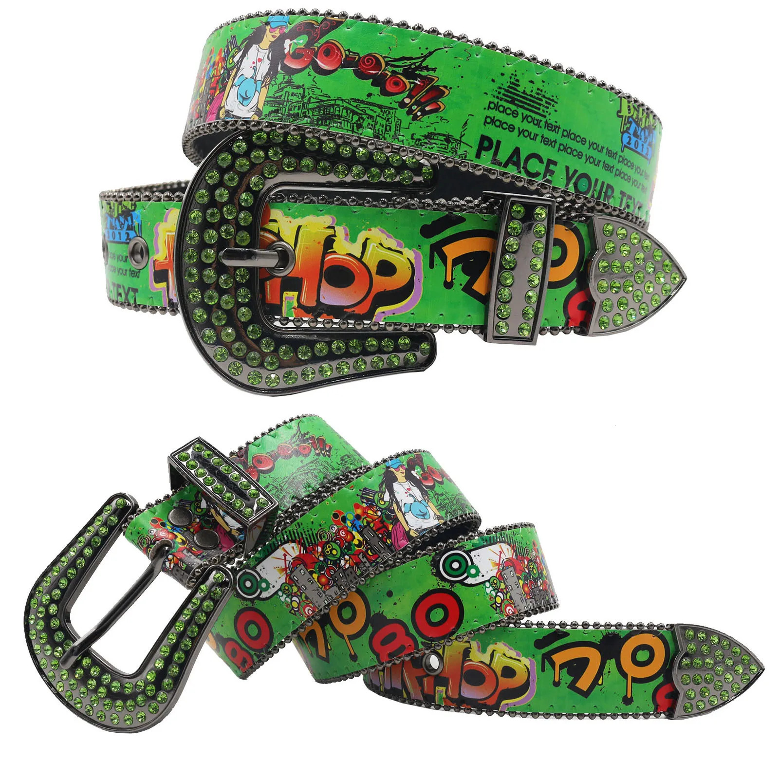 Shiny Pu leather belt Green Drip graffiti intersection Casual hip Hop allinone belt with rhinestone Ladies Fashion belt 251010