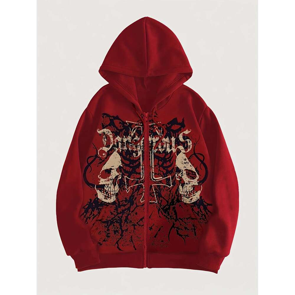 Women's Sweatshirt Dark Green Graphic Hooded Sweatshirt | Women's Casual, Skull & Crossbones Print, Zipper Front, Hine Washable, All-Season 