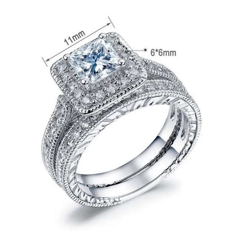 Wholesale Professional Vintage Fashion Jewelry 10KT Gold Filled Princess Cut White Topaz Gemstones Women Wedding Bridal Ring Set Gift