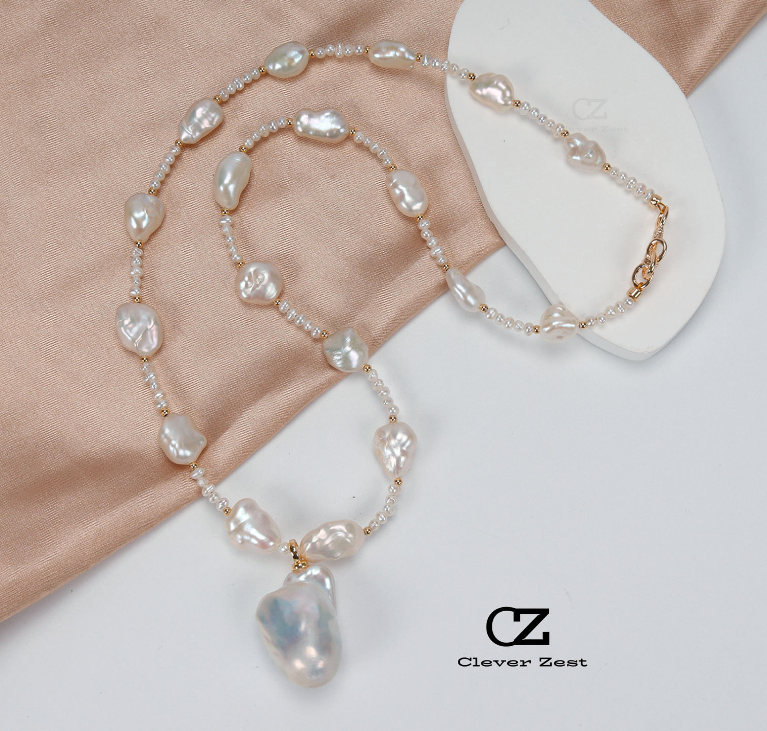 Natural White Baroque Pearl Rice-Shaped Pendant Necklace 14K Gold-Filled Fashionable Versatile Trendy Anniversary Gift