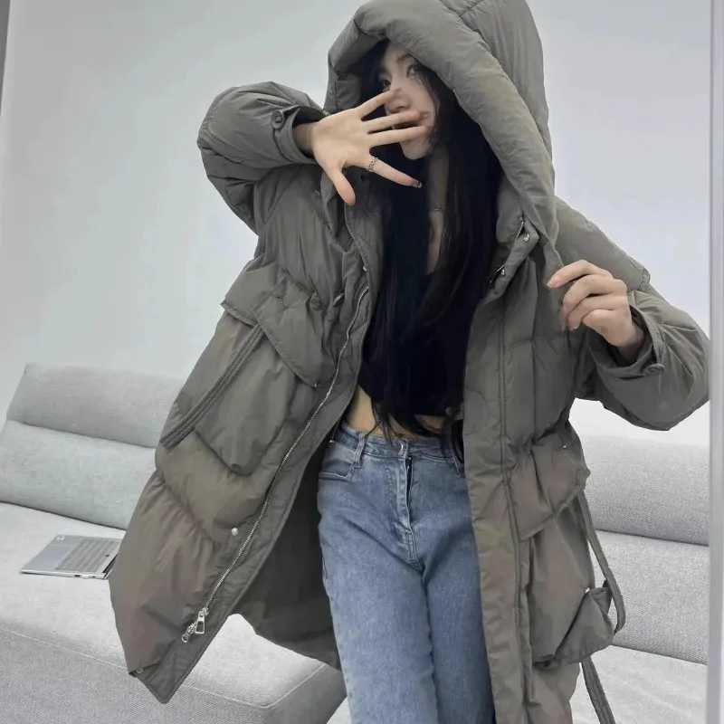 Winter New Down Coat Women Mid Length White Duck Down Windproof Hood Loose Warm Lacing Solid Coat Parkas W251016