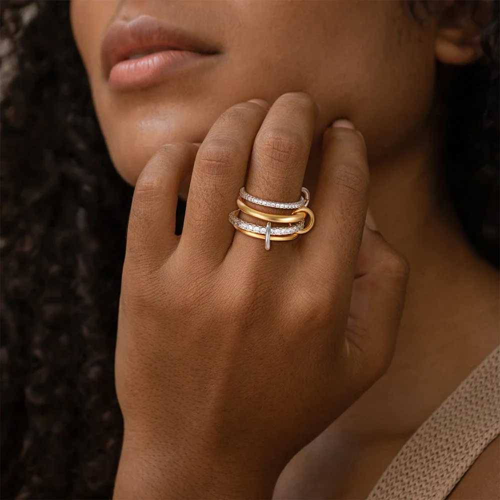 Stainless Steel Colored Cubic Zirconia Multilayer Stacking Link Ring Waterproof Mixed Color Connecting Ring Luxury Jewelry Gift Z251017