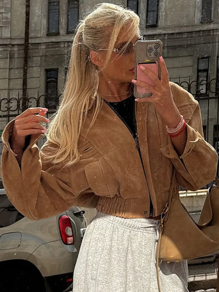 Fashion Brown Short Suede Jacket Women Chic Lapel Long Sleeve Pocket Zipper Cropped Coat Autumn Lady Highstreet Commute Outwear 251017