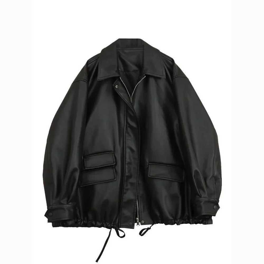 Spring Autumn Oversized Casual Waterproof Black Soft Pu Leather Jacket Women with Drop Shoulder Long Sleeve Fashion 2023T251017
