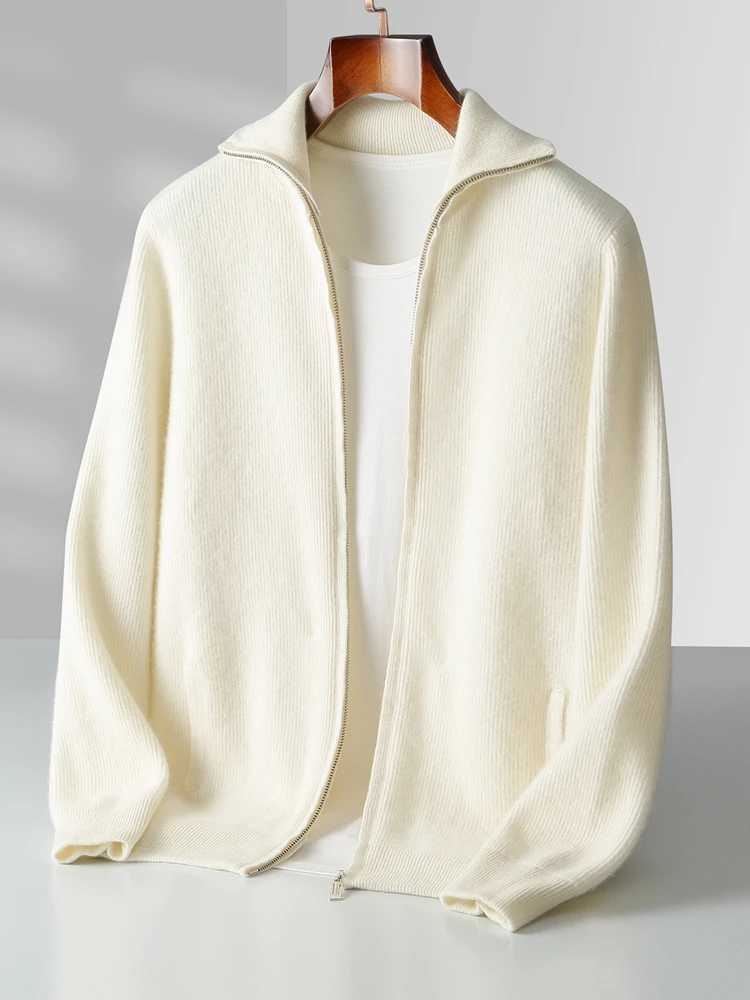 Autumn Winter 100 Merino Wool Cardigan Sweater Mens Turndown Collar Zipper Pocket Soild Smart Casual Knitwear Jackets Soft J251017
