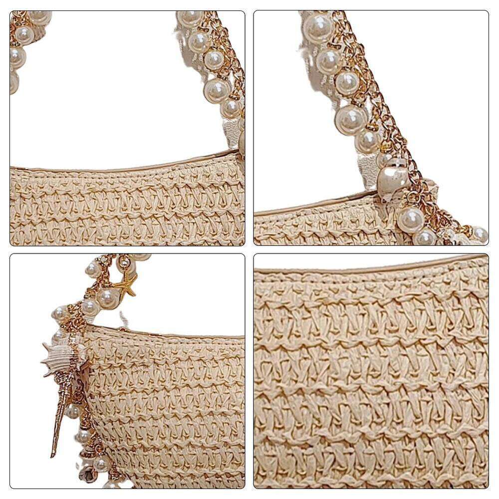 Designer Bags Women Conch Handbag With Pearl Chain Elegant Handwoven Straw Shoulder Breathable Holiday Beach Bag Seaside Soft Pouch Luxury Bag