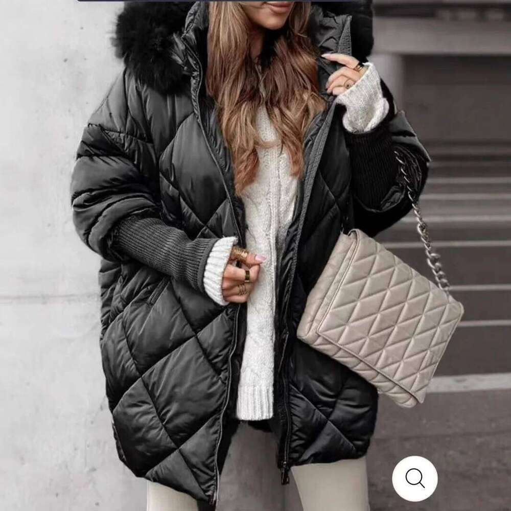 2025 Autumn and Winter Temperament Hooded Zipper Commuter Wind Women's Coat Cotton-padded Jacket Down Cotton Coat