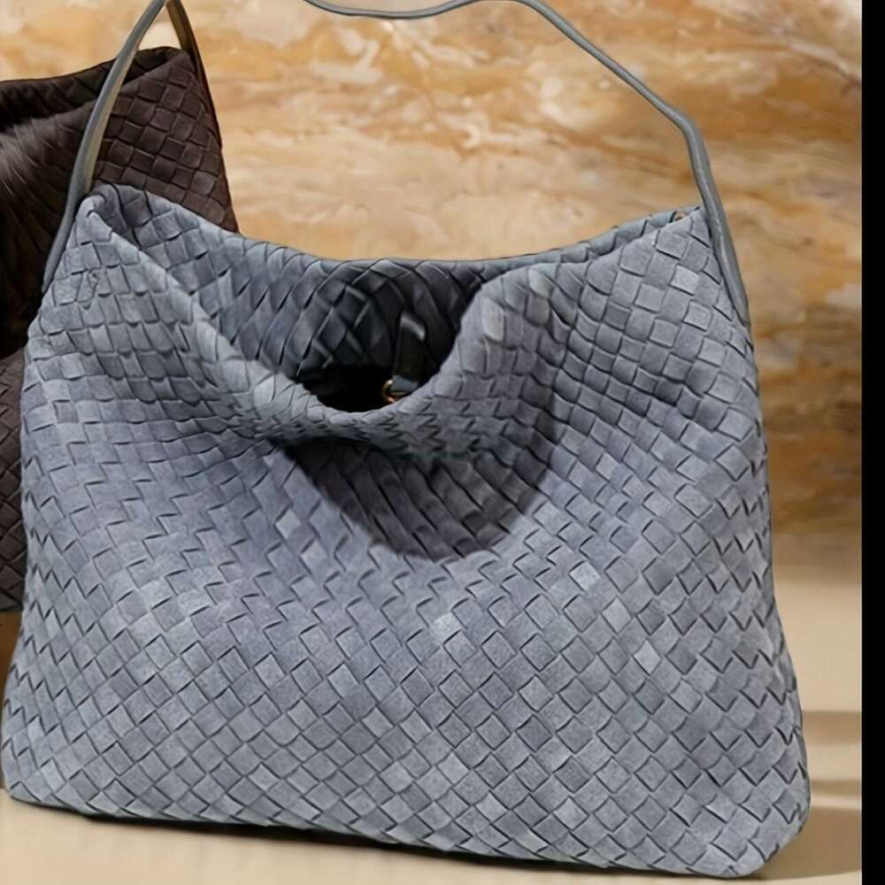 Women's Premium Synthetic Leather Woven Crossbody Bag Sand Texture Large Capacity Handbag With Adjustable Shoulder Strap, Snap Closure, Polyester