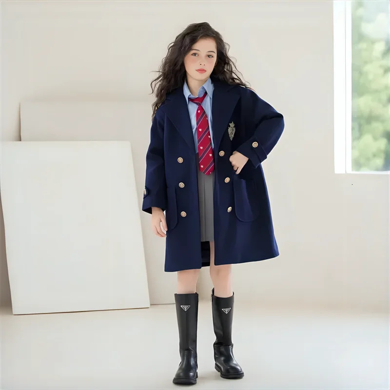 Teens Girls Winter Jacket Preppy Style Navy Midlength Wool Coat for Kids Thick Warm Casual Allmatch School Children Outerwear 251015