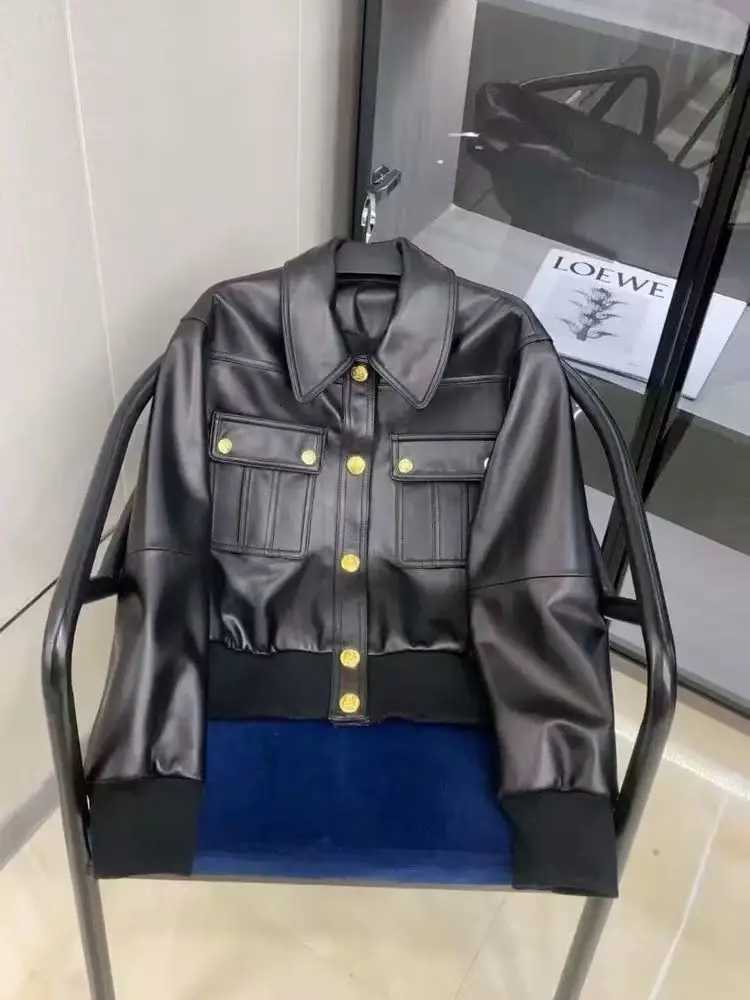 Luxury Womens Black Leather Jacket PU Leather Coat Spring Autumn Metal Button Pocket Outerwear Streetwear Short Top Long SleeveT251017