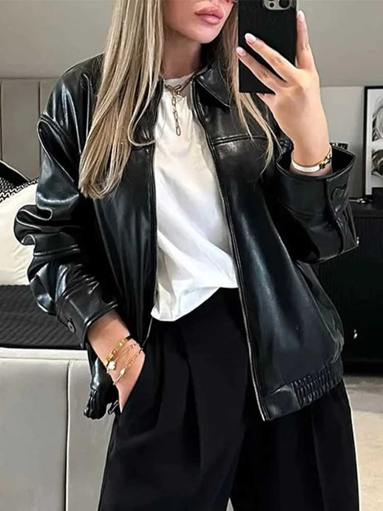 Vzvn Vintage Long Sleeve Lapel PU Leather Jacket Women Streetwear Solid Loose Zipper Coat 2025 New Autumn Winter Leather JacketT251017