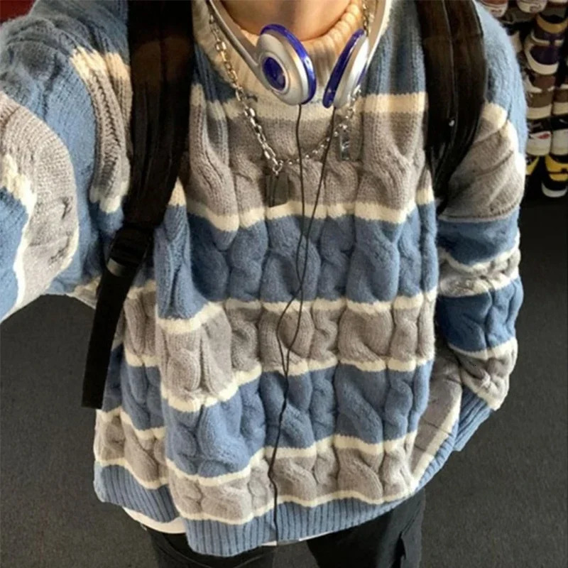 Patchwork Striped Crewneck Sweaters For Men Hip Hop Fashion Knitted Hombre Winter Y2K Vintage Pullovers Knitwear 251017