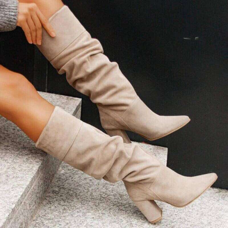 2023 Winter Designer Suede Casual High Heels Shoes For Women Retro Elegant Lady Mid Calf Boots Plus Size