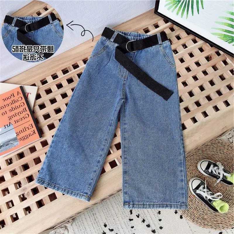 New Girl Denim Trousers Children Jeans for Girls Autumn Solid Color Elastic Waist Loose Denim Jeans Wide Leg Pants for Teen KidsT251017