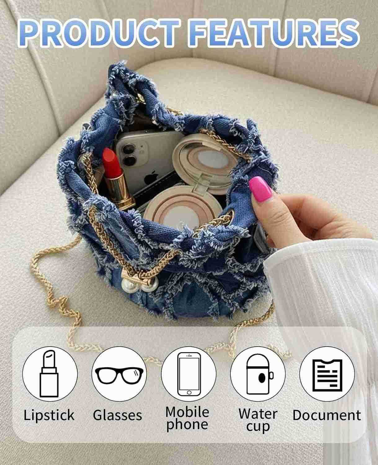 Jean Purses for Women Denim Quilted Drawstring Crossbody Bags Bucket Blue Z251017