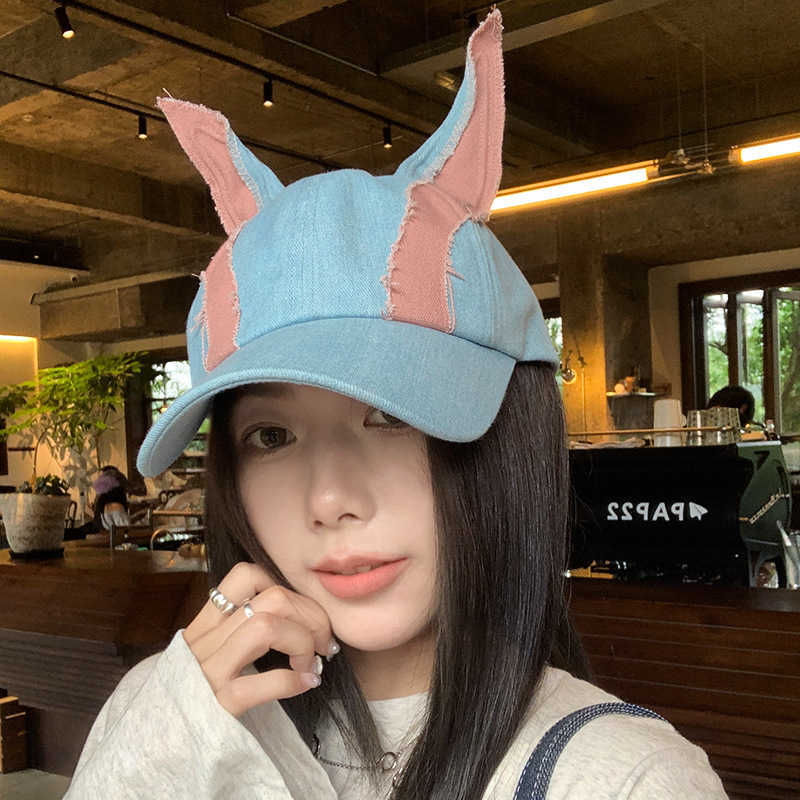 New Denim Color Block Doberman Ears Baseball Cap Niche Fashion Versatile Travel Trendy Cool Personality Duckbill Cap for Women W251017