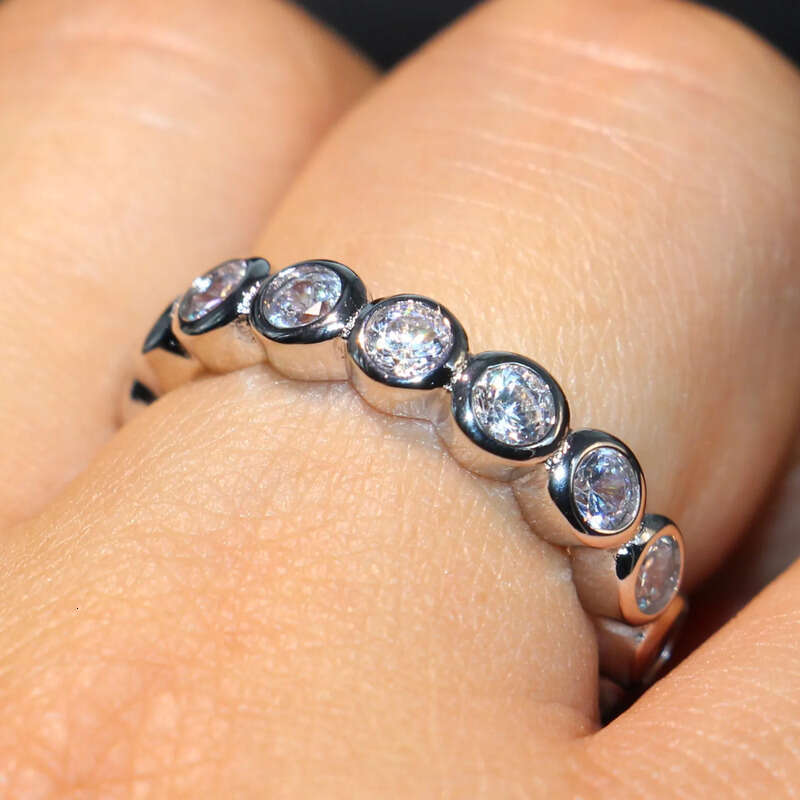 Cute Fashion Jewelry Sterling Sier Brand Desgin White Topaz CZ Dia Gemstones Party Women Wedding Circle Band Ring SetGift
