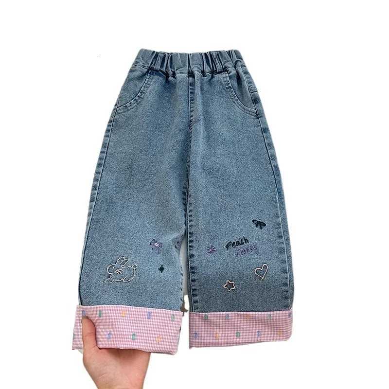 Kids Girls Pants Spring Autumn Korean Style Plaid Embroidery Loose Straight Wide Leg Denim Pants Childrens Casual Trouser A4389T251017