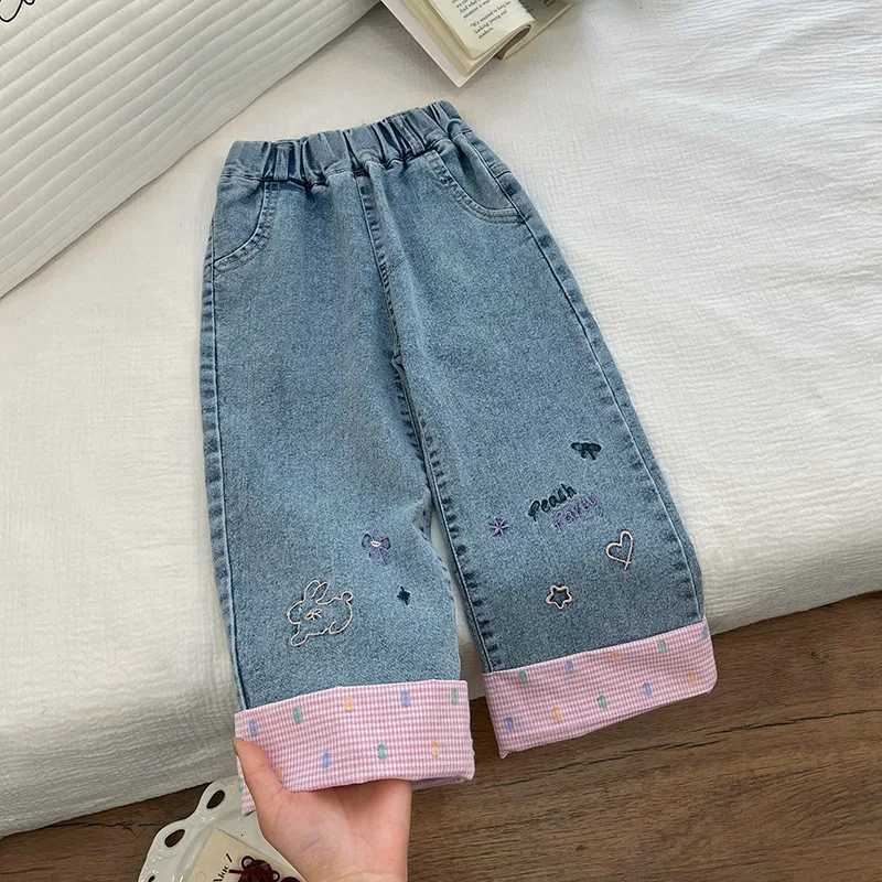 Kids Girls Pants Spring Autumn Korean Style Plaid Embroidery Loose Straight Wide Leg Denim Pants Childrens Casual Trouser A4389T251017