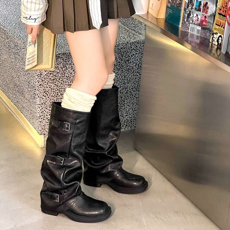 Cameido Western Cowboy Belt Buckles Autumn Winter Wasteland Style Folded Pile Long Boots With Trouser Legs