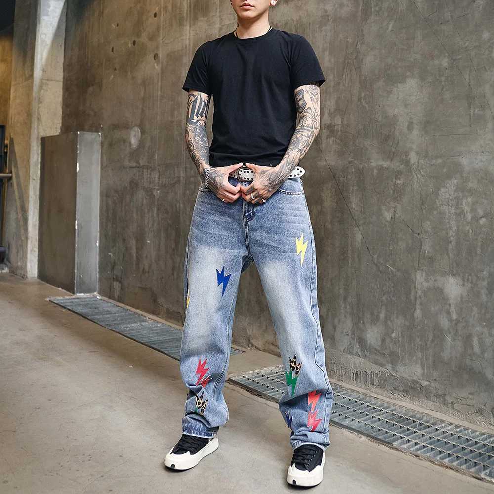 Mens Lightning Patch Denim Jeans Loose Straight Hip Hop Streetwear Pants Relaxed Fit Blue Trousers Y251105