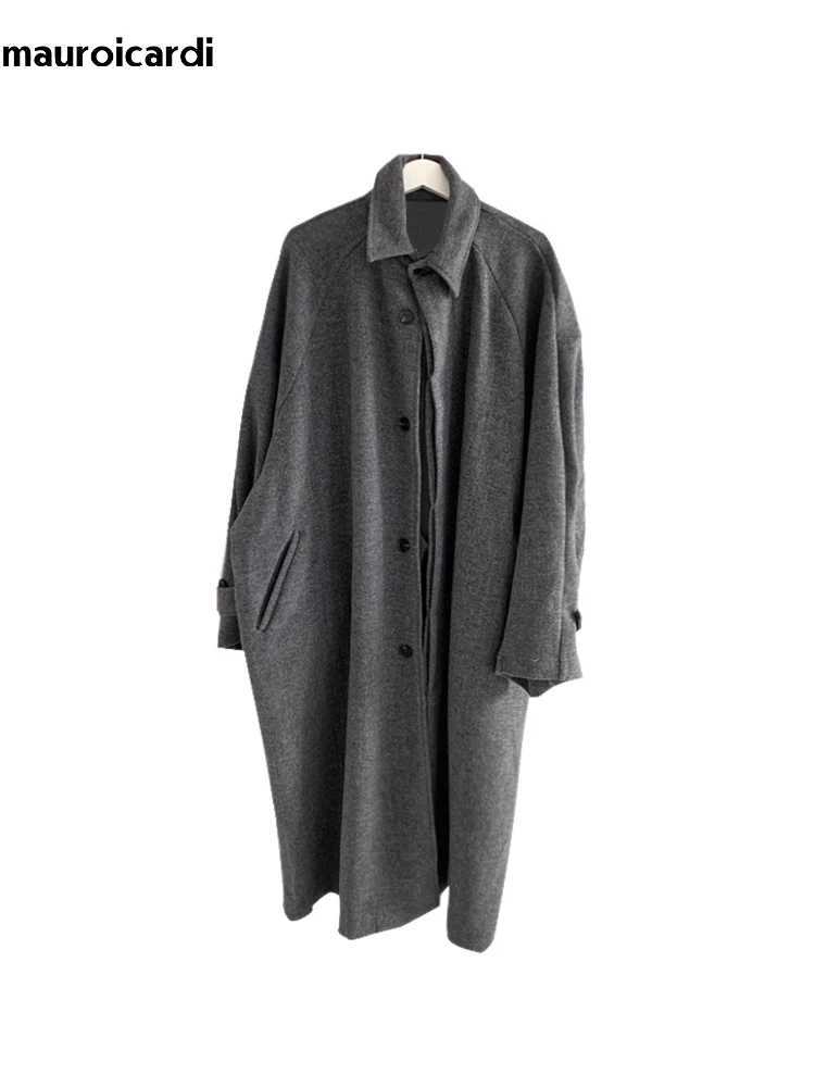Mauroicardi Autumn Winter Long Warm Grey Black Slouchy Woolen Coat Men Single Breasted Loose Casual Wool Blends Overcoat 2023 J251017