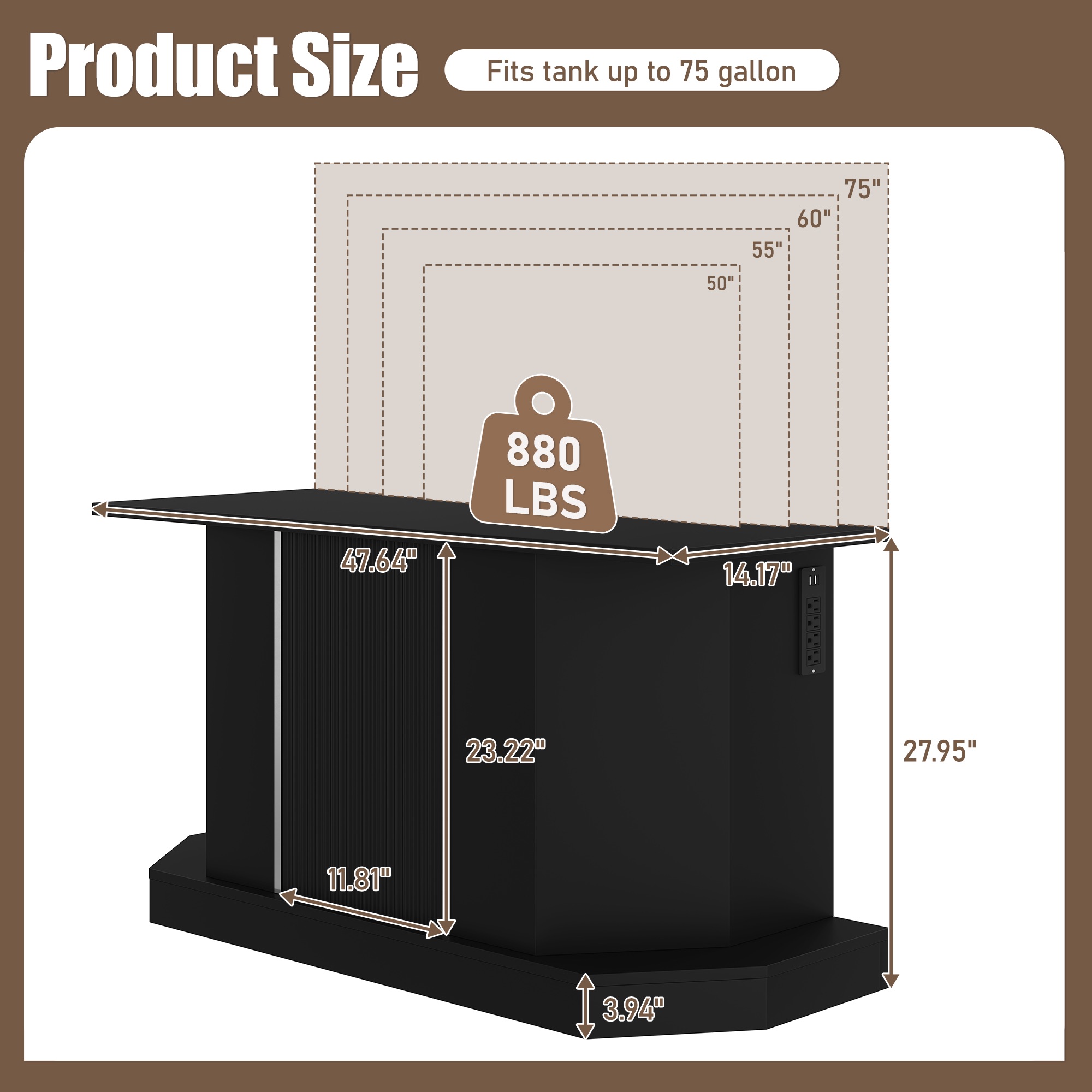 Modern 55-75 Gallon Fish Tank Stand with Power Outlet (4 AC 2 USB Ports) Heavy Duty Aquarium Stand with Cabinet Storage for Turtle Tank Reptile Terrar