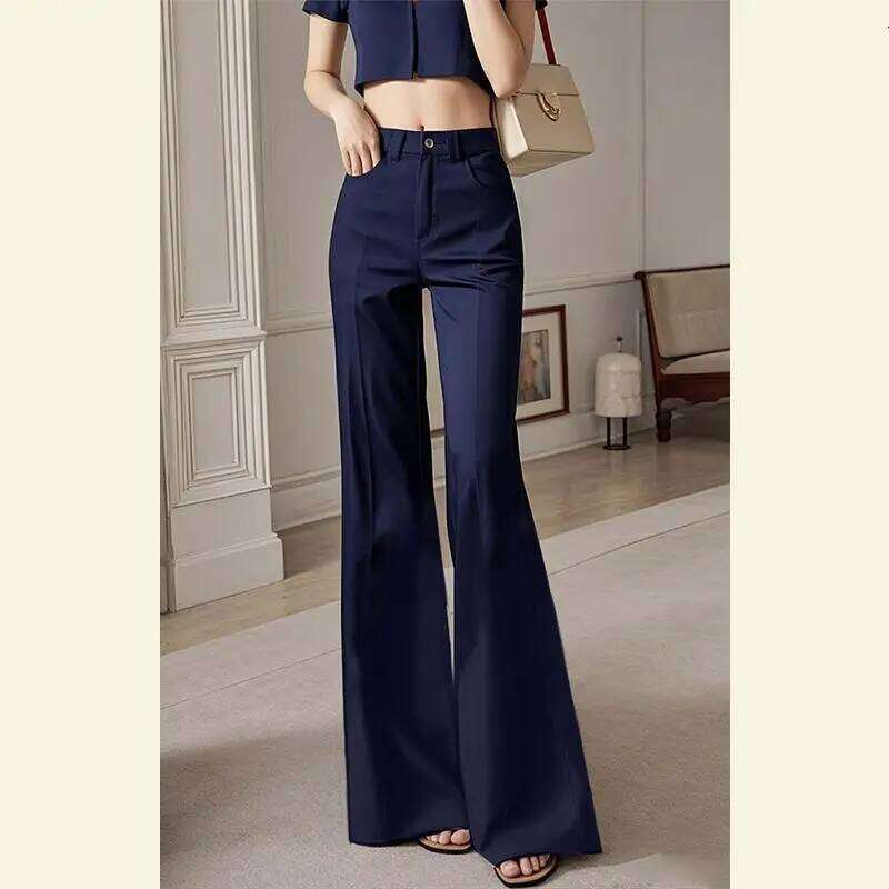 Spring Autumn Pear-shaped Body High Waist Drooping Slim Straight-leg Casual Fashion Navy Blue Light Wide-leg Pants Women
