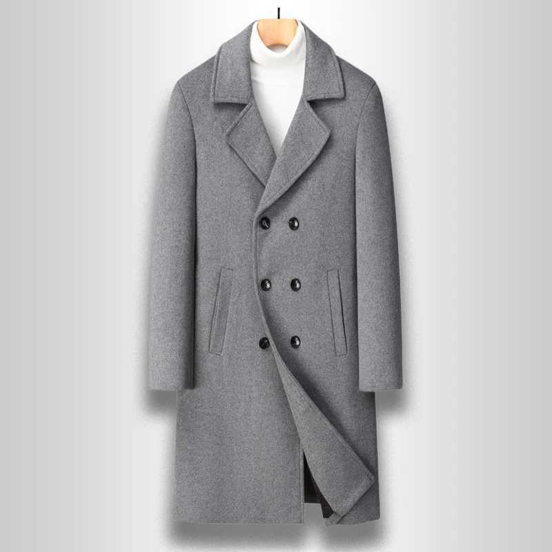 Winter Double Breasted Mens Wool Business Casual Long Coat Man Thick Warm Pea Coat Man Trench Coat Fashion Z250918