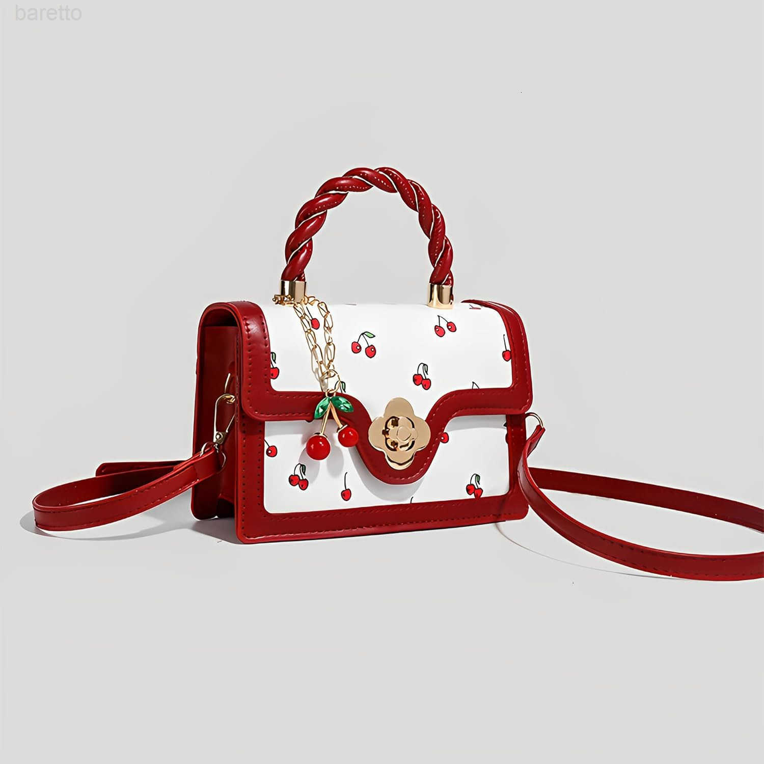 Cherry Leather Tote Bag Cute Y2K Shoulder Purse for Women Red Designer Handbag with Top Handle Fruit Print Clutch Satchel Z251017