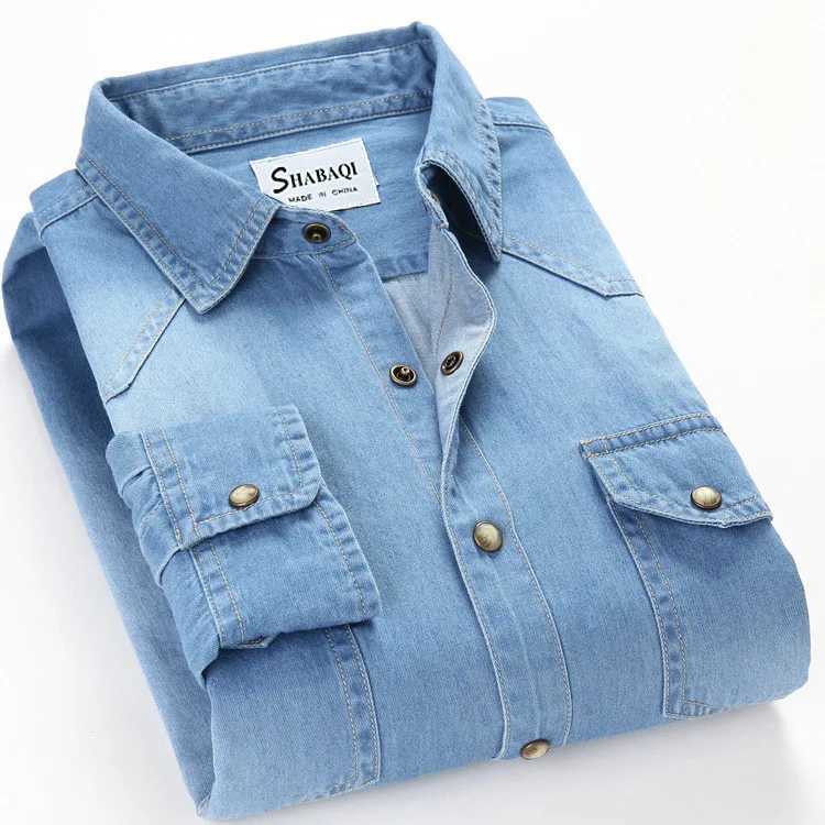 Mens Slim Denim Shirt 2022 Spring Luxury High Quality Cotton Square Collar Pocket Button Fashion Long Sleeve Jeans Shirt J251017