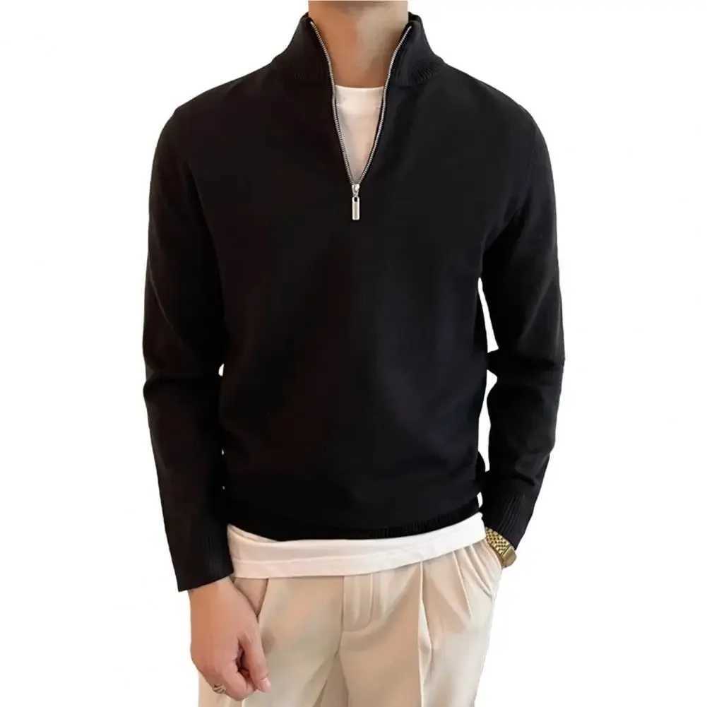 Ribbed Collar Sweater Mens Fall Winter Zippered Halfhigh Collar Sweater Retro Knitted Thick Warm Pullover for Daily Wear Long Z251017