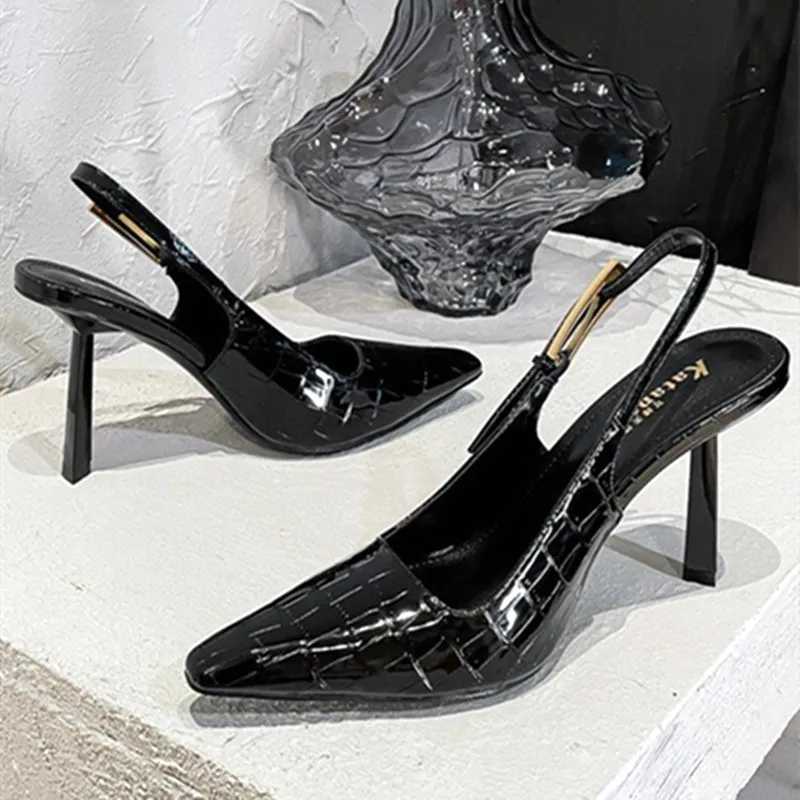 Patent Leather Pattern Thin High Heels Women Sexy Pointed Toe Metal Buckles Slingback Heeled Sandals Elegant Banquet Dress Shoes Z251015